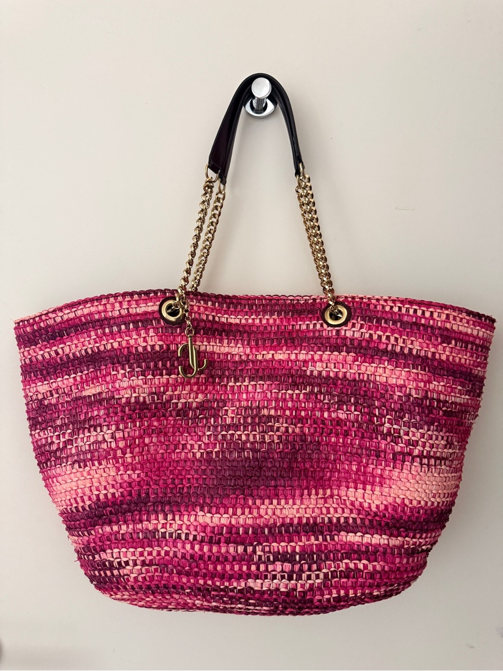 Jimmy Choo Pink Woven Raffia Large Tote Bag Gold Chain Leather Straps